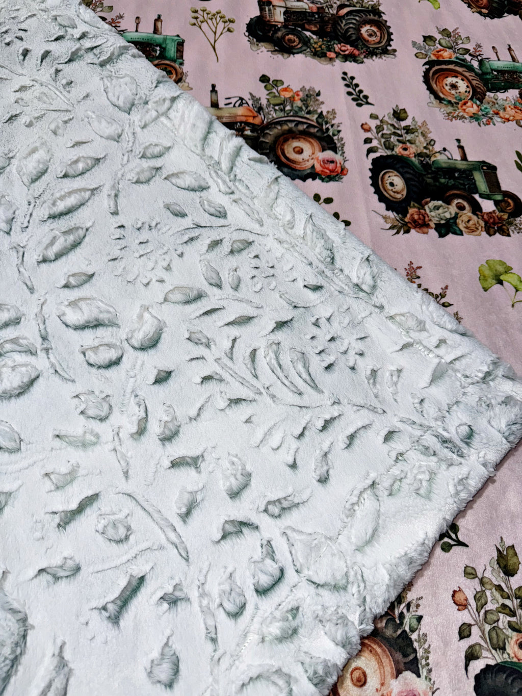 Floral Tractors On Frosted Juniper Poppy XL Adult Size