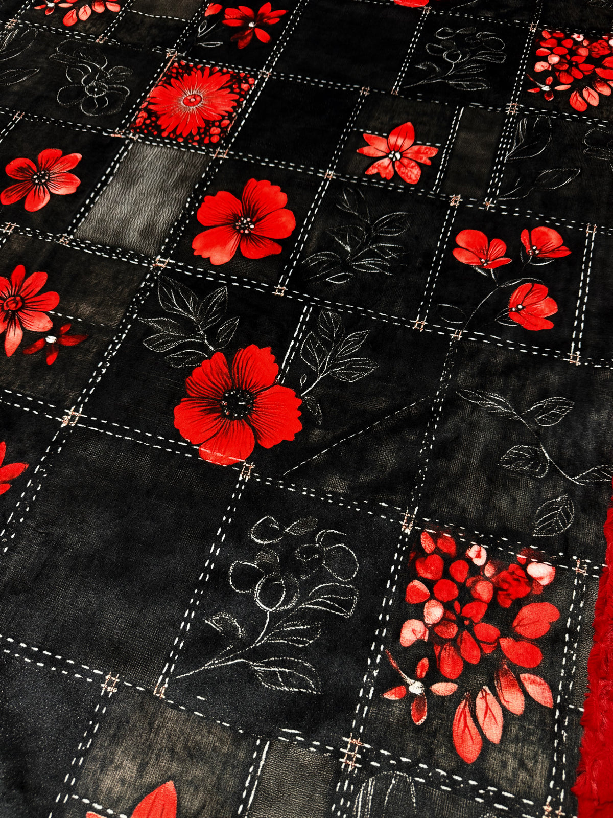 Black Denim Red Florals XL Adult Size