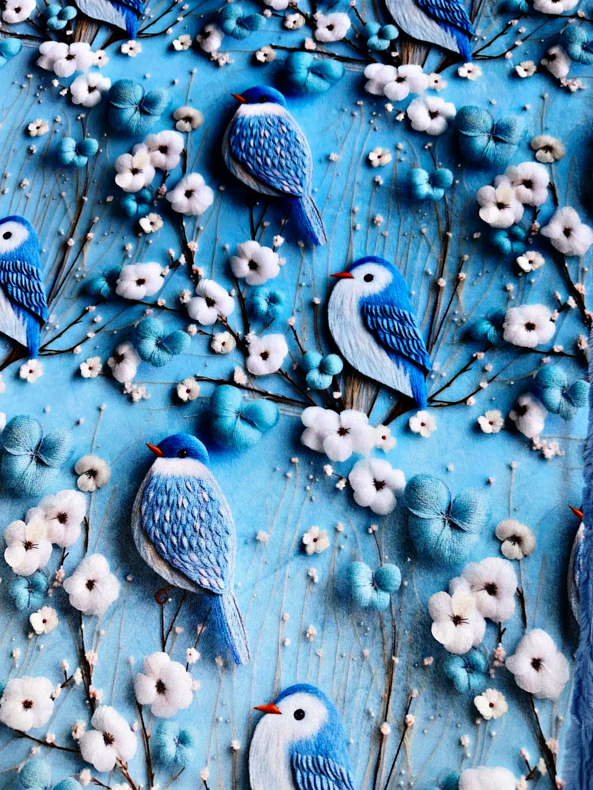 Cotton White Floral Blue Birds XL Adult Size