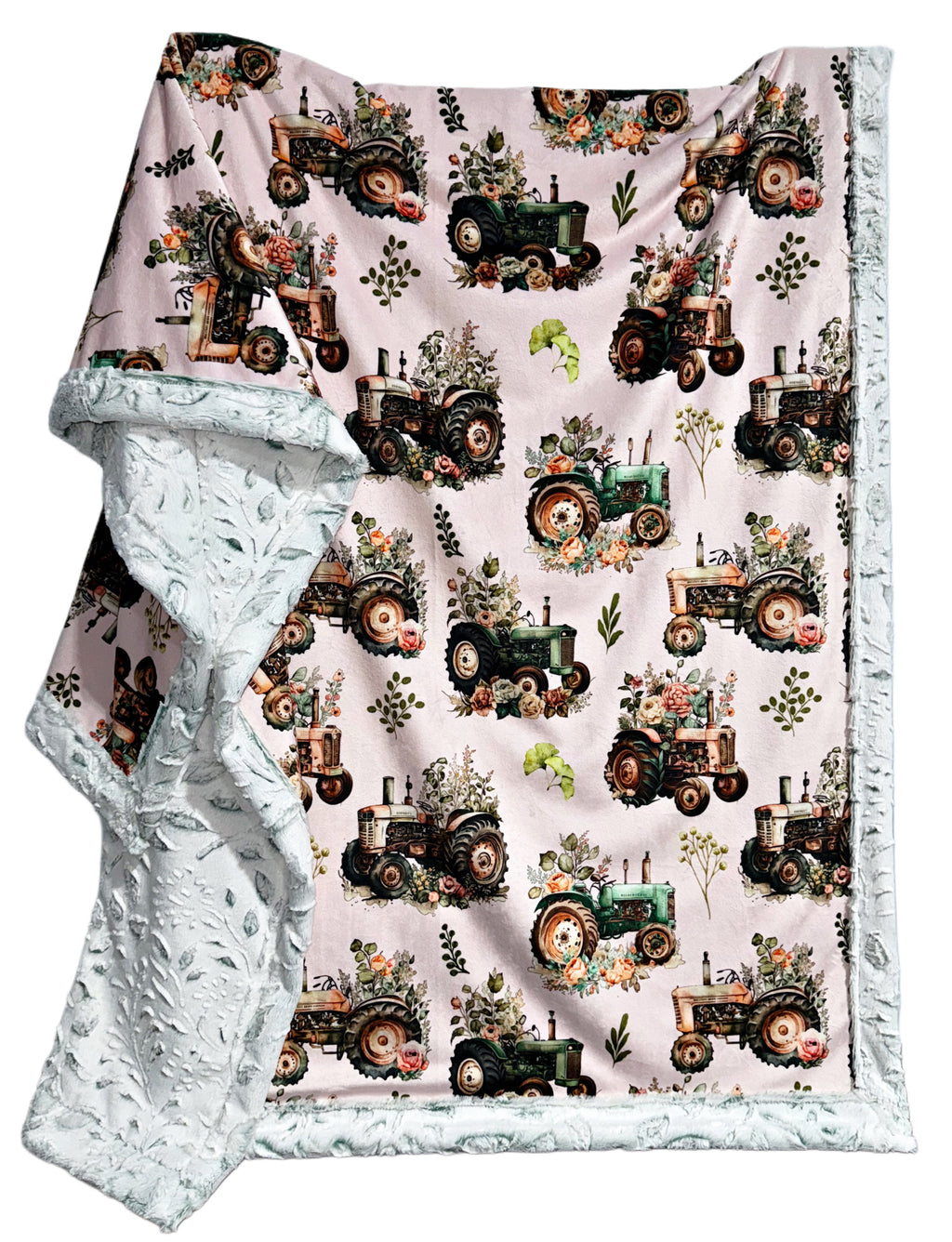 Floral Tractors On Frosted Juniper Poppy XL Adult Size