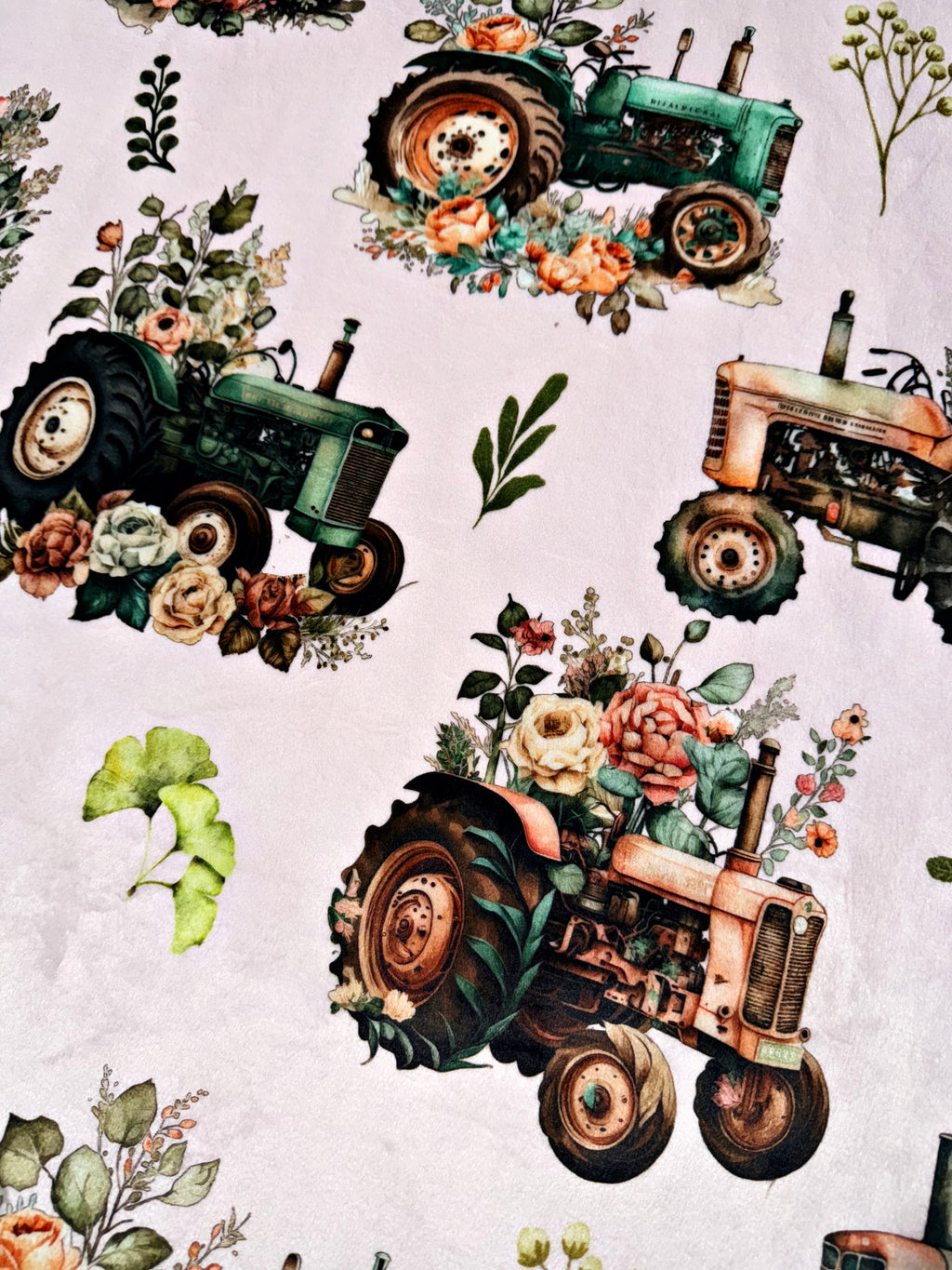 Floral Tractors On Frosted Juniper Poppy XL Adult Size