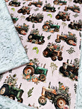 Floral Tractors On Frosted Juniper Poppy XL Adult Size
