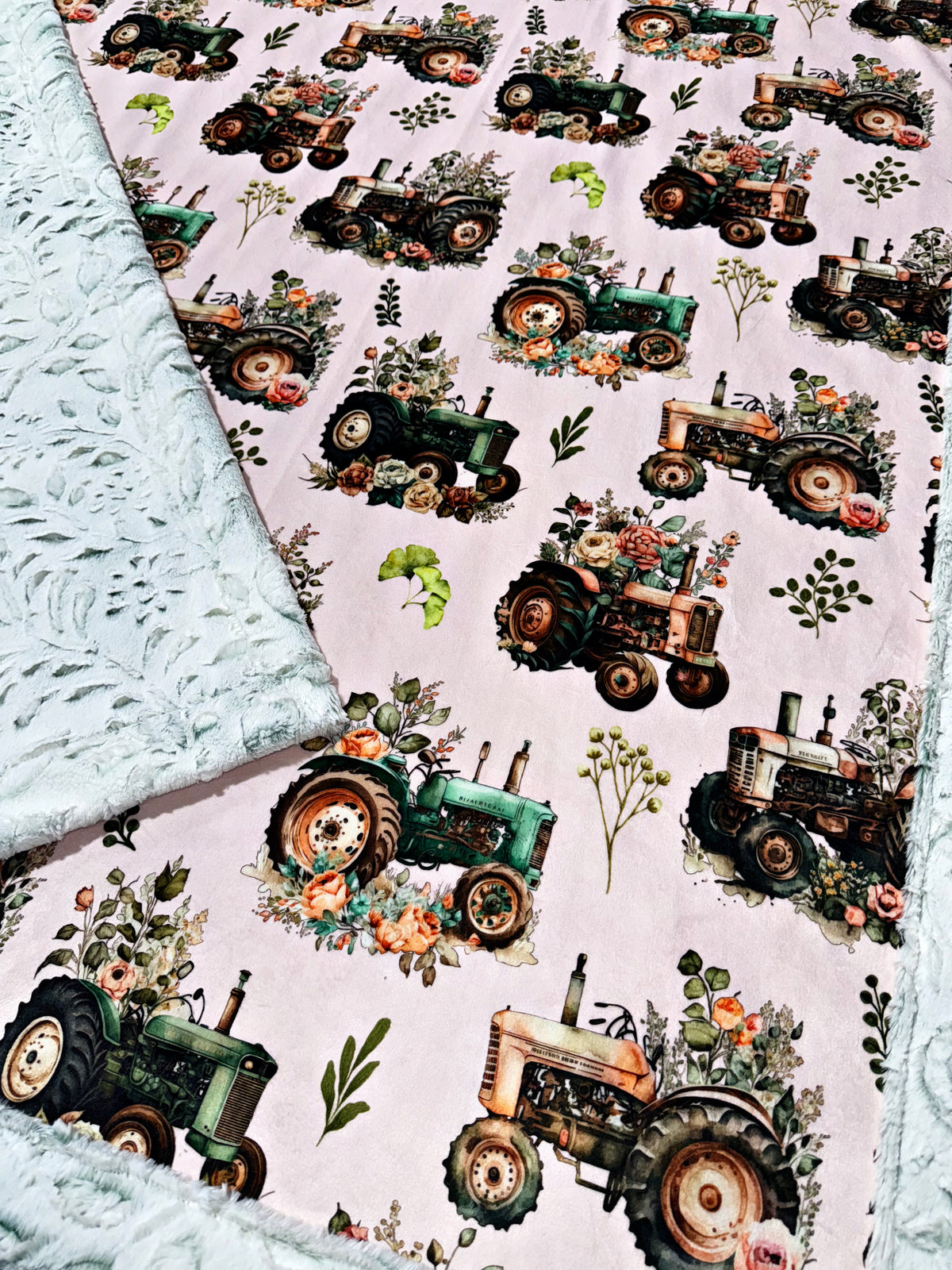 Floral Tractors On Frosted Juniper Poppy XL Adult Size