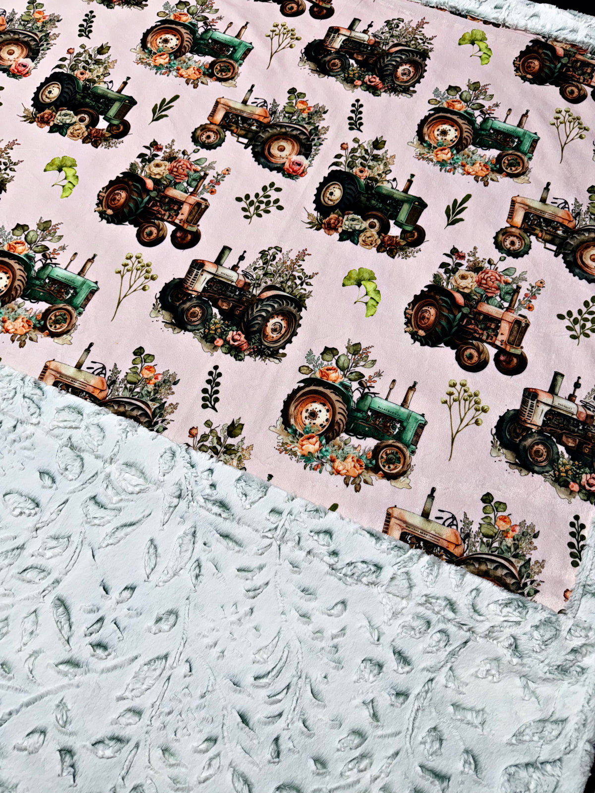 Floral Tractors On Frosted Juniper Poppy XL Adult Size